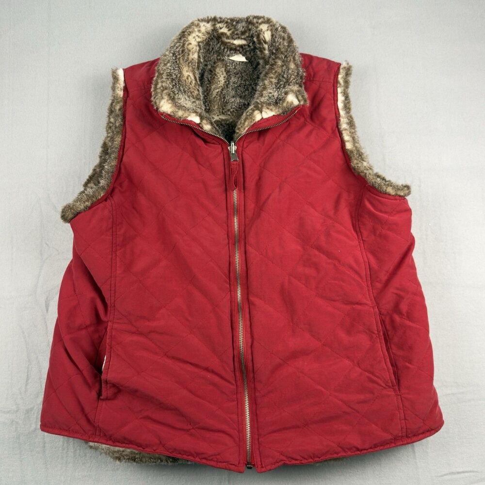 Reversible Womens Vest Lg Red Quilted & Faux Fur Full Zip by Charter Club
